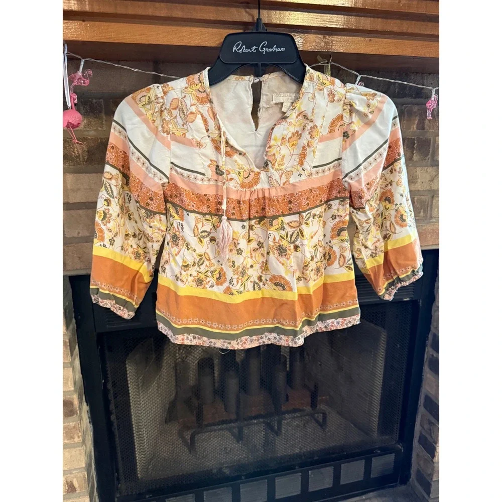 Chelsea & Violet Girls Floral Boho Tassel Blouse Orange Yellow Size S